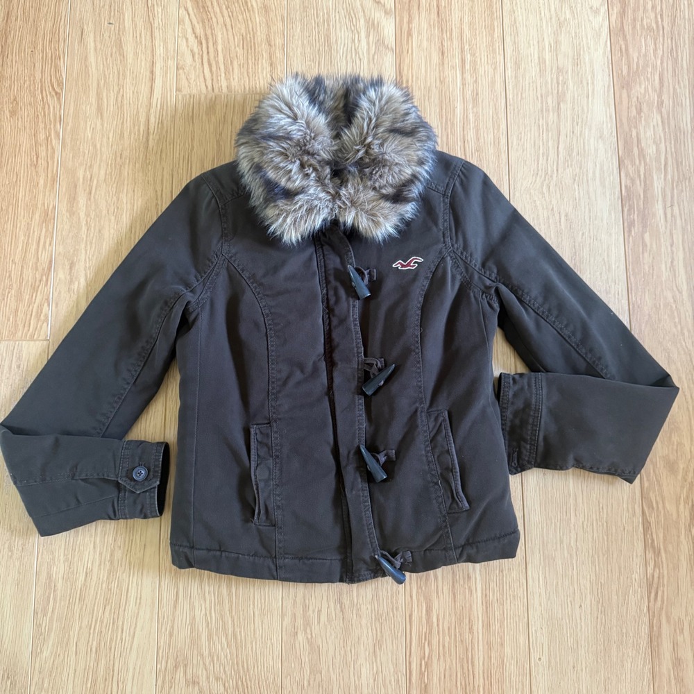 Vintage Hollister Toggle Jacket Women XS Brown Faux Fur Lined Jacket Coat Y2K